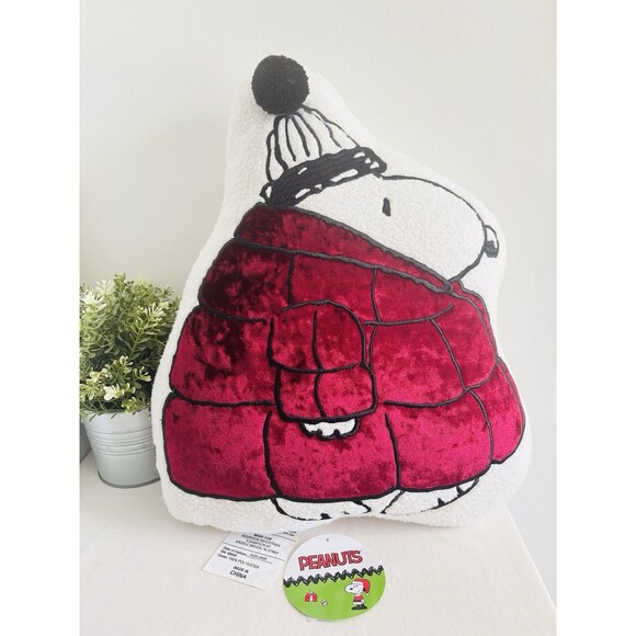 Set Of Two Peanuts Snoopy Red & Blue Puffer Jacket Winter Sherpa Pillows NWT - Picture 4 of 16